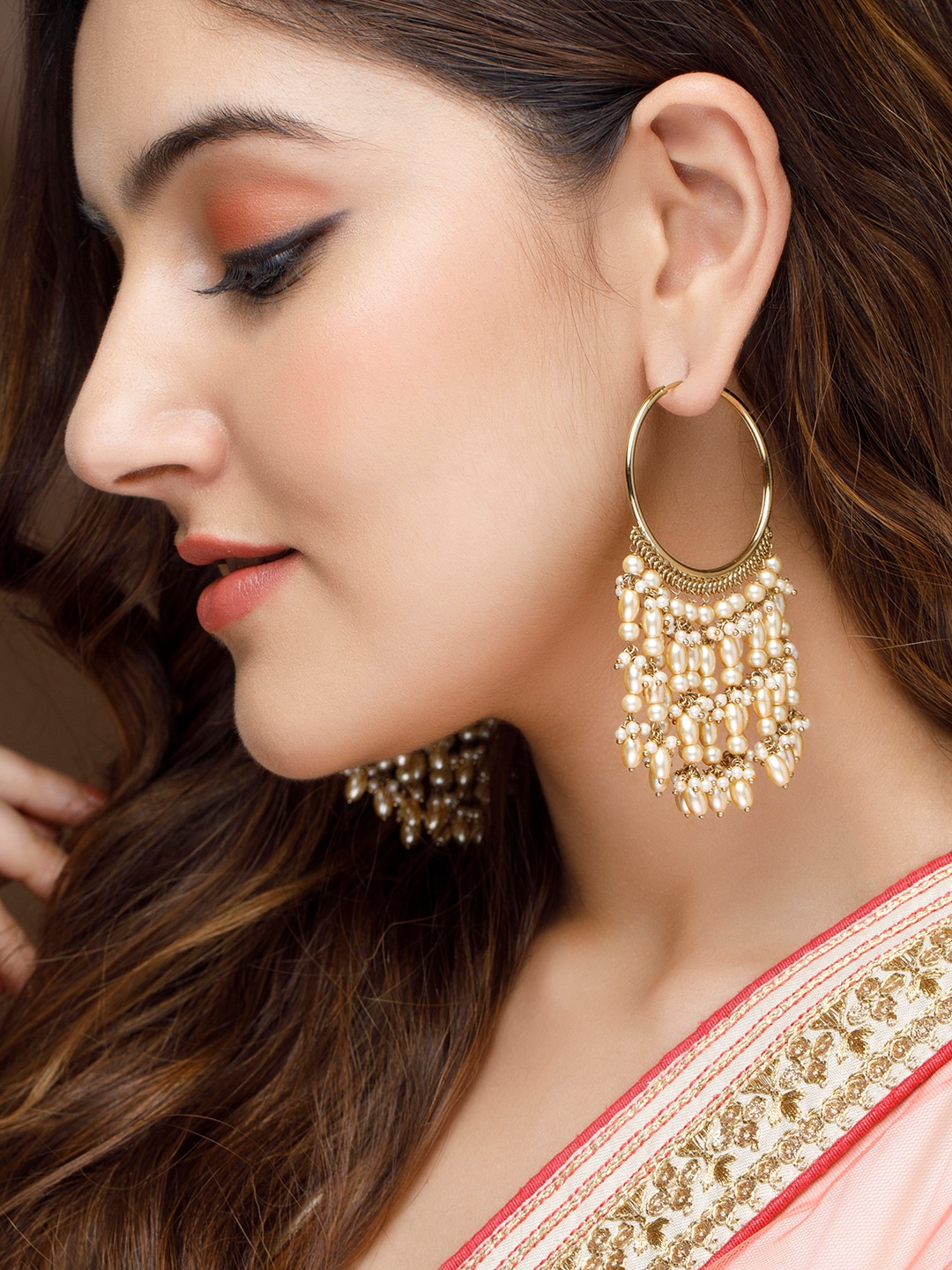 

Rubans 22k Gold-Plated & Cream-Coloured Circular Hoop Earrings