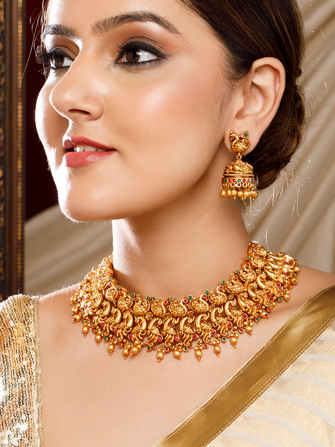 

Rubans 24K Gold Plated Ruby & Emerald Peacock Design Temple Jewellery Set with Gold Beads
