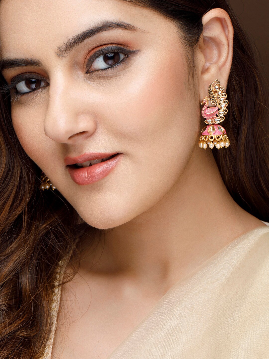 

Rubans 22k Gold-Plated & Pink Peacock Shaped Jhumkas