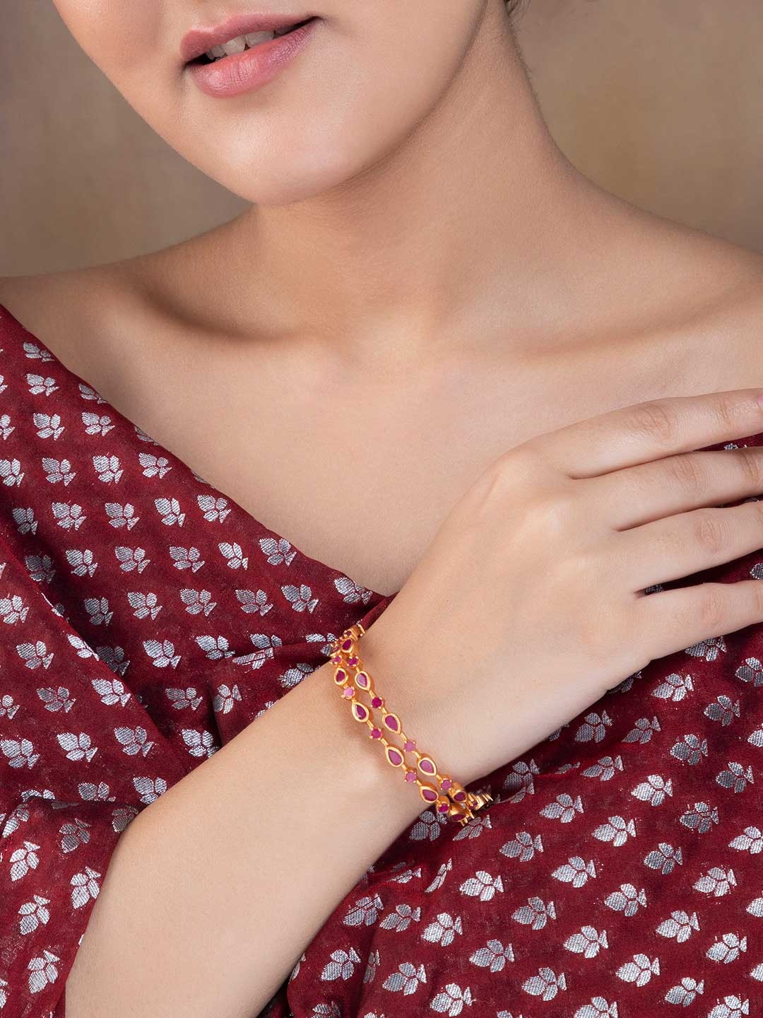 

Rubans Set Of 4 24K Gold-Plated Red Handcrafted Ruby-Studded Bangles
