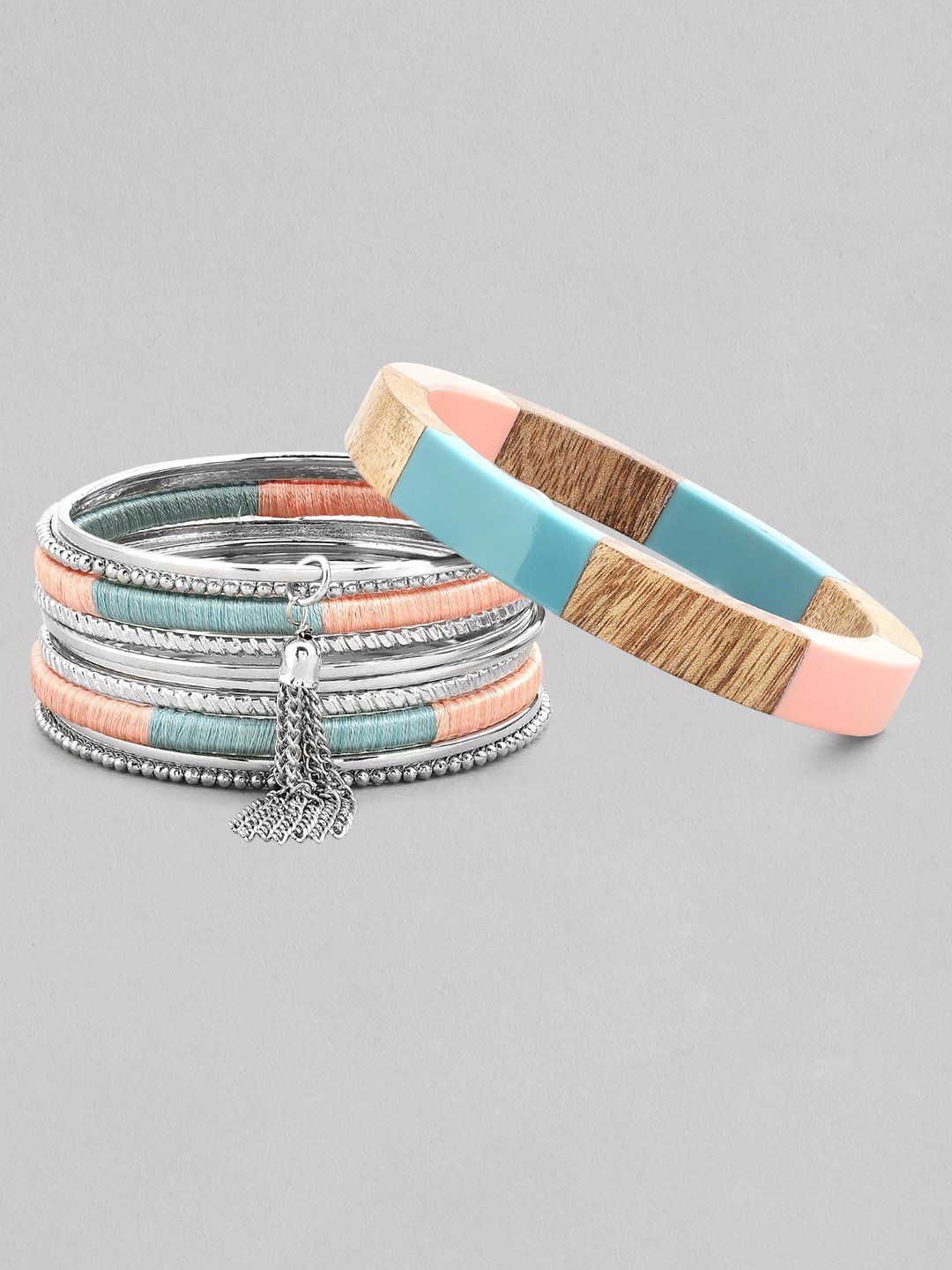 Rubans Set of 8 Peach-Coloured & Blue Wooden & Metal Bangles