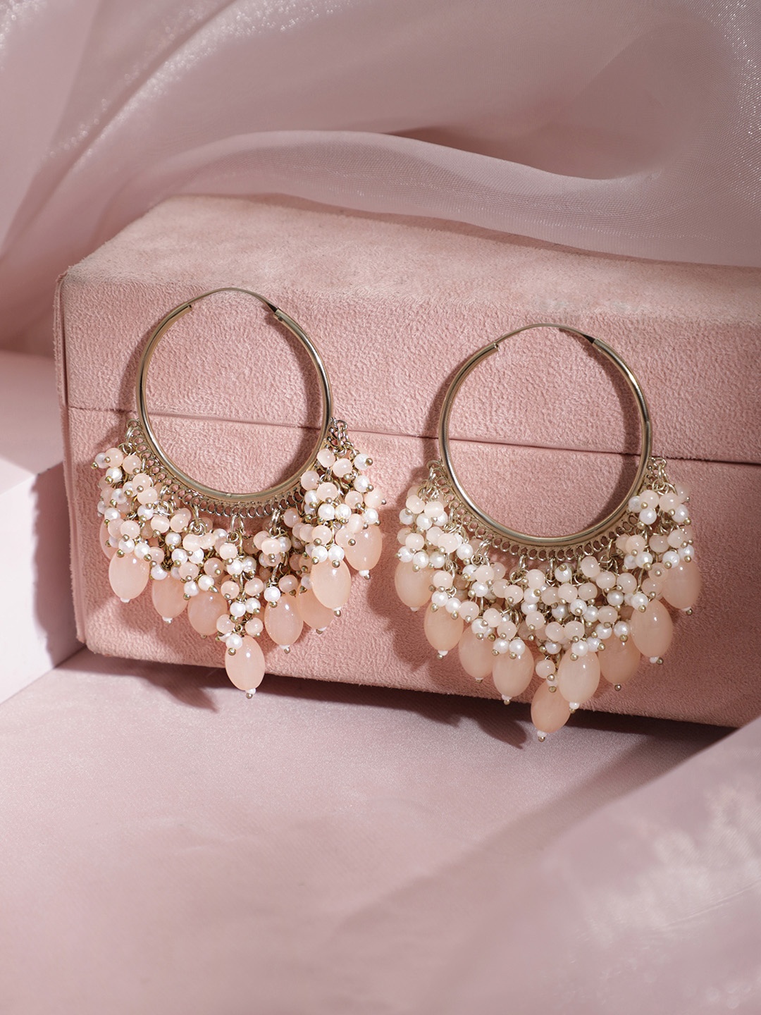 

Rubans 18K Gold-Plated Light Gold Tone Hoop Earrings with Cream Beaded Accents