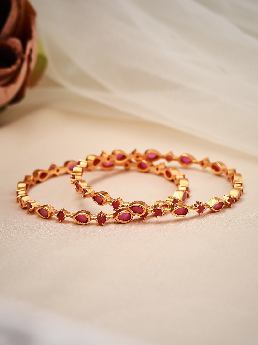 

Rubans Set Of 4 24K Gold-Plated Red Handcrafted Ruby-Studded Bangles