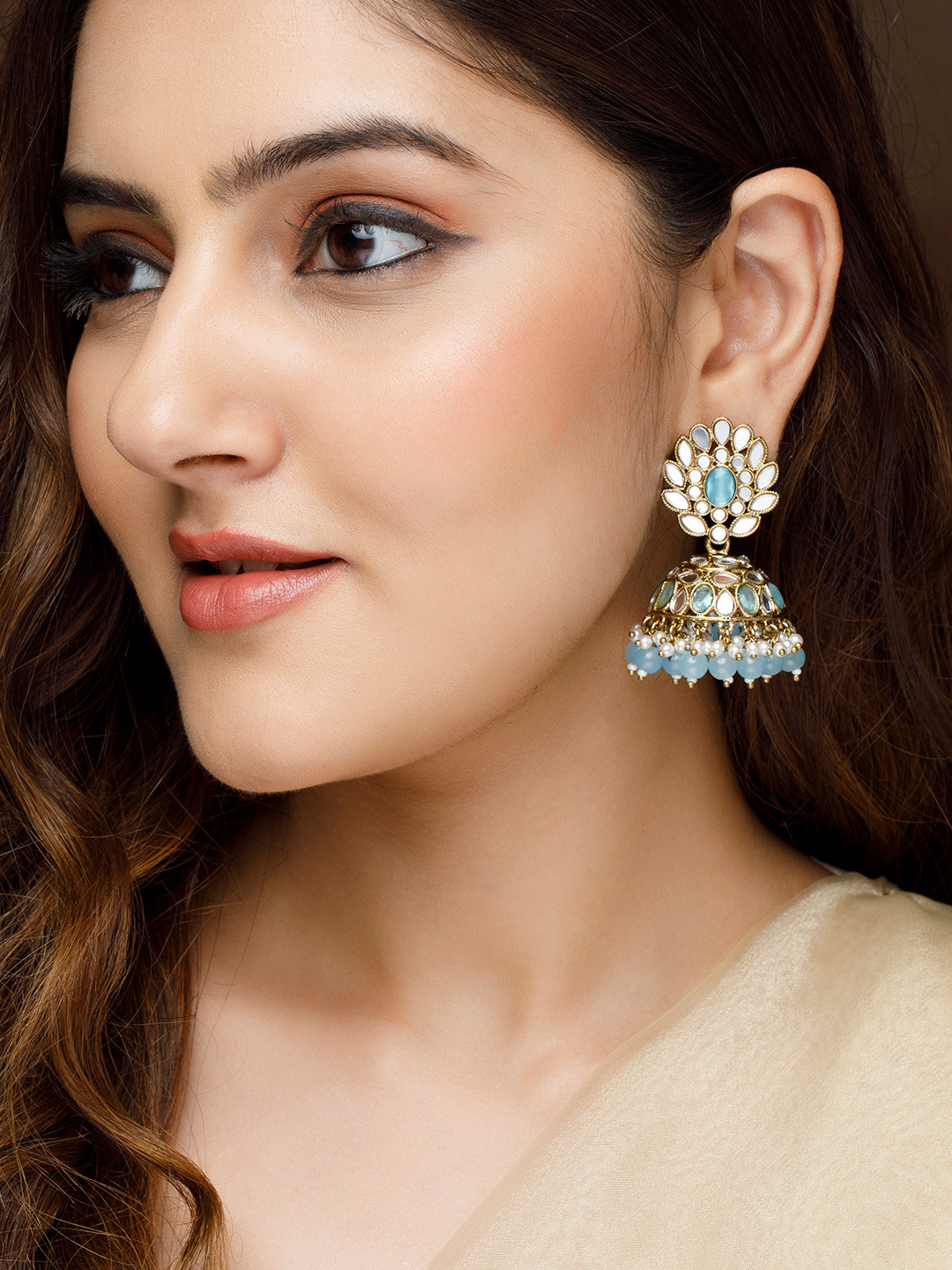 

Rubans Gold-Plated & Blue Pearls Beaded Handcrafted Jhumkas Earrings