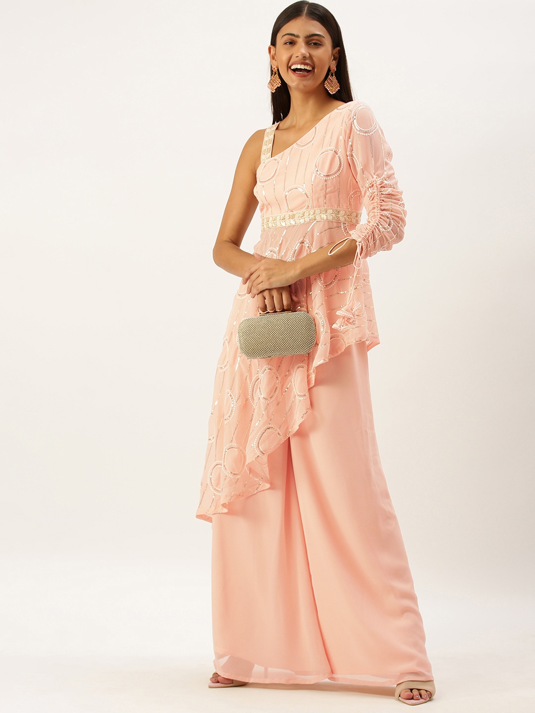 

Ethnovog Women Pink Embroidered Sequinned Kurta with Palazzos