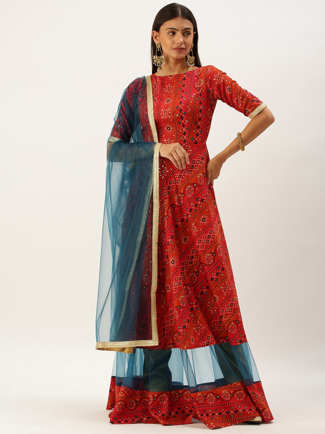 

Ethnovog Women Red Bandhani Printed Kurta with Trousers With Dupatta