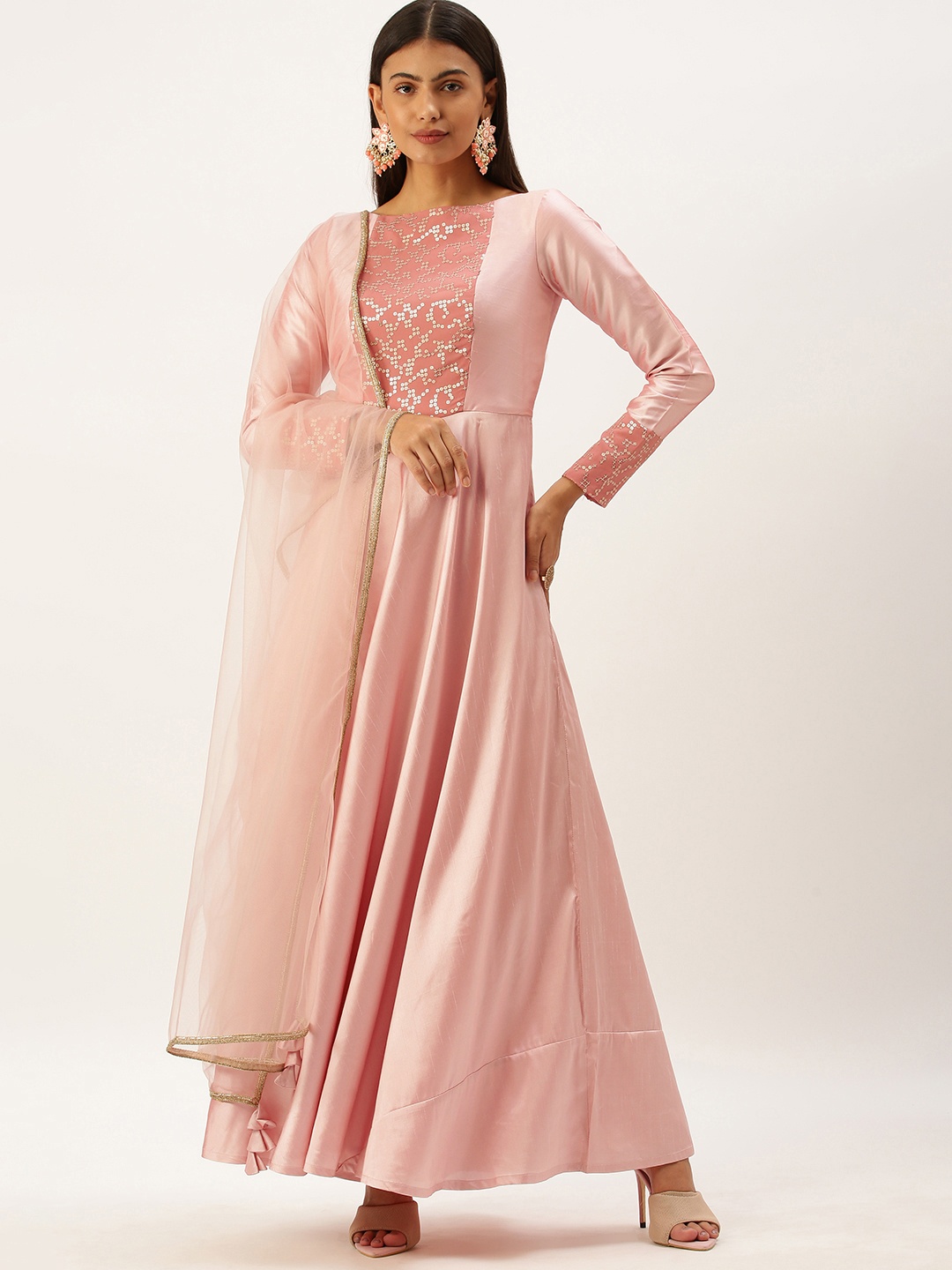 

Ethnovog Women Pink Yoke Design Sequinned Kurta with Trousers With Dupatta