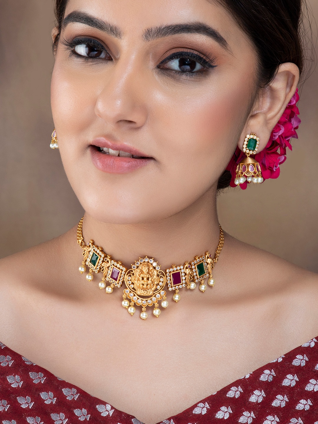 

Rubans 24k Gold-Plated & Stone-Studded Temple Choker Jewellery Set