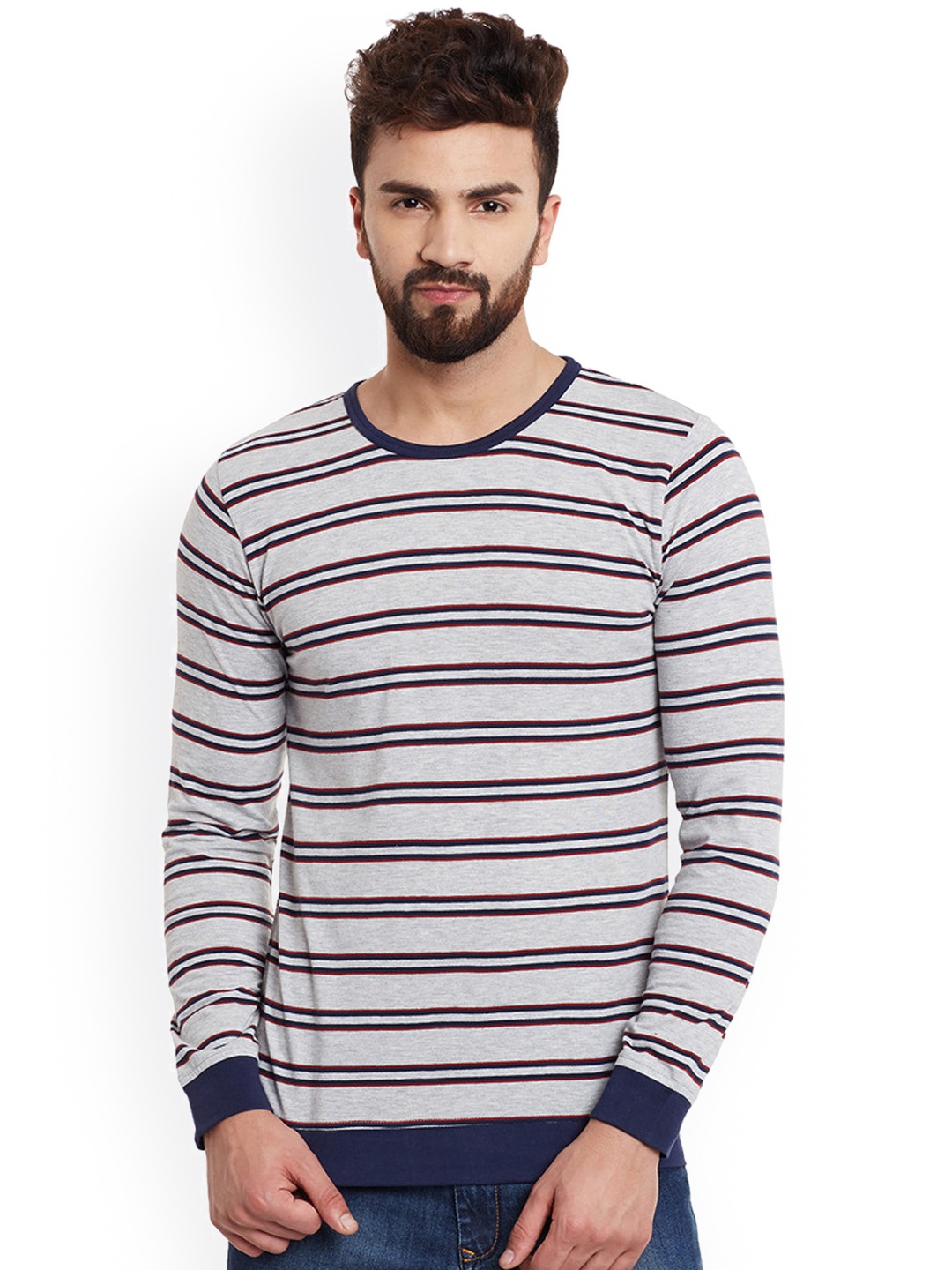 

Rigo Men Grey Striped Round Neck T-shirt