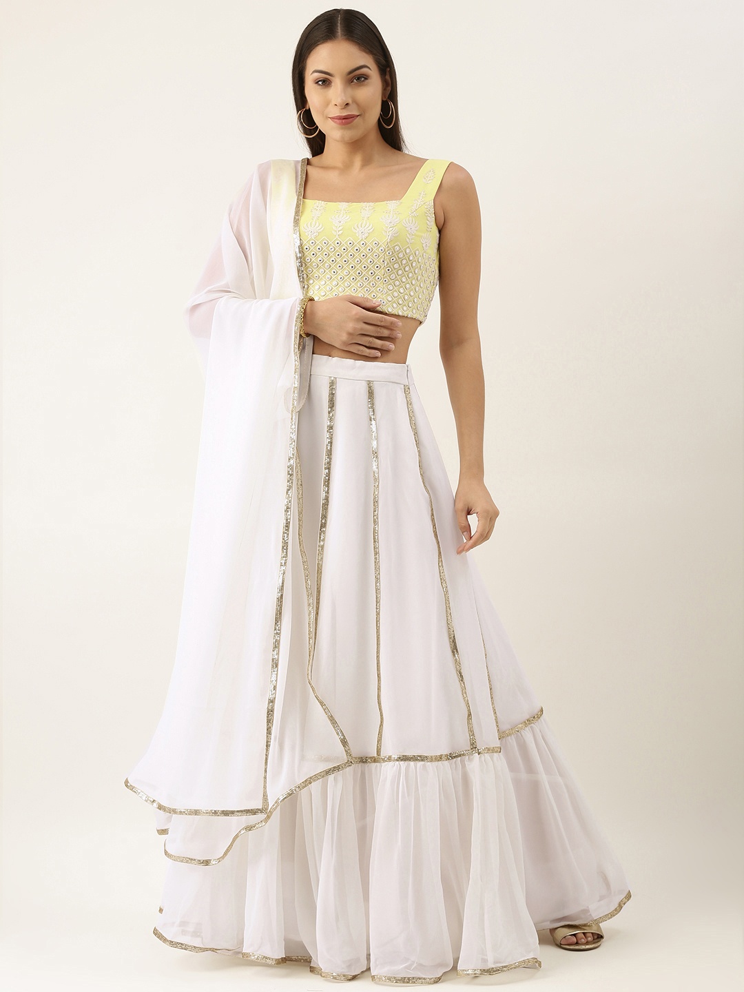 

Ethnovog Yellow White Embellished Sequinned Made to Measure Lehenga Blouse With Dupatta