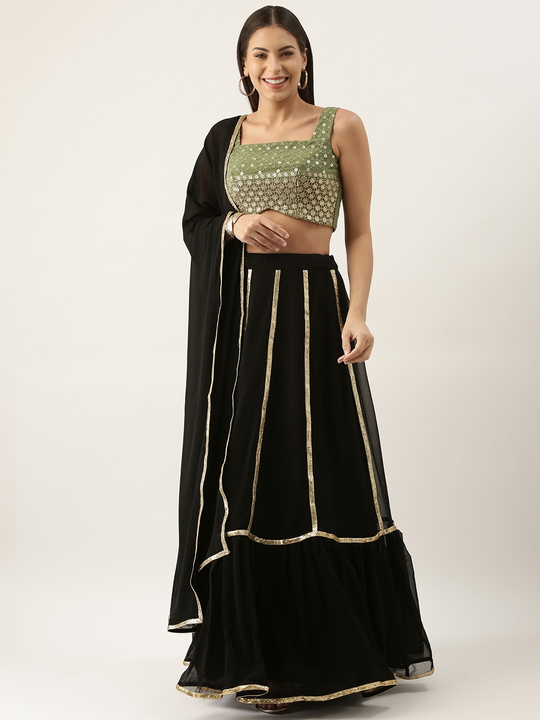 

Ethnovog Green Black Embellished Zardozi Made to Measure Lehenga Blouse With Dupatta