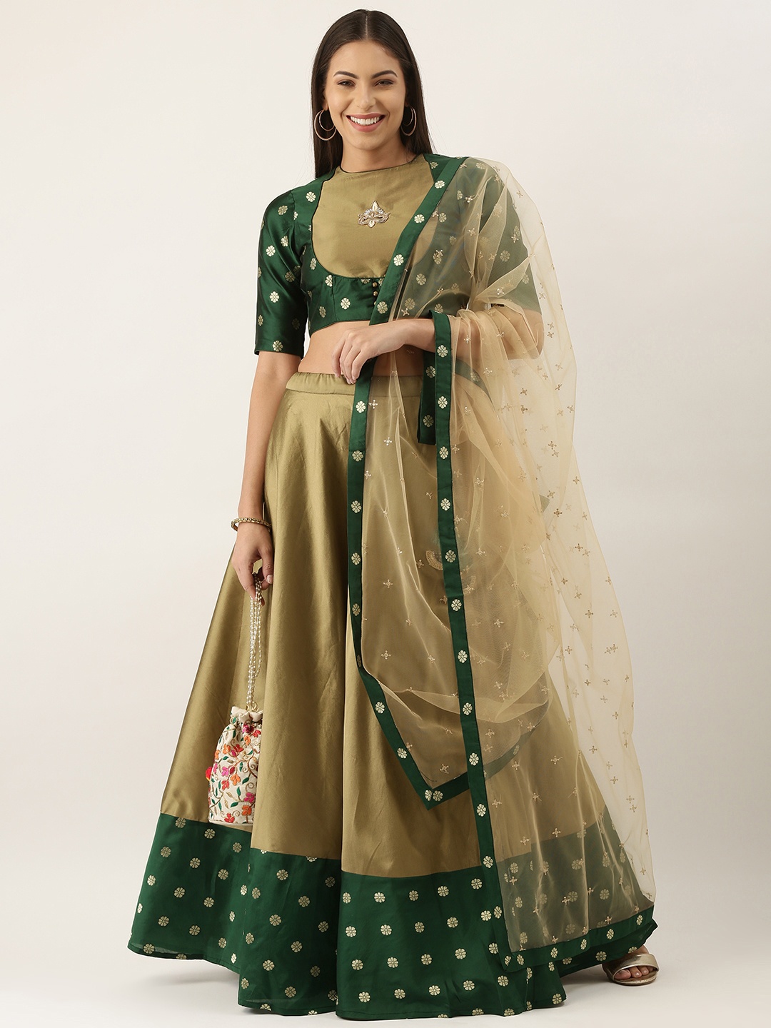 

Ethnovog Green Beige Embellished Zardozi Made to Measure Lehenga Blouse With Dupatta