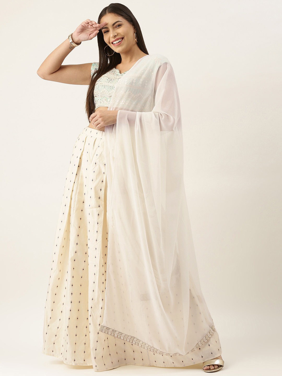 

Ethnovog Blue Cream-Coloured Embellished Mirror Work Made to Measure Lehenga Blouse With Dupatta