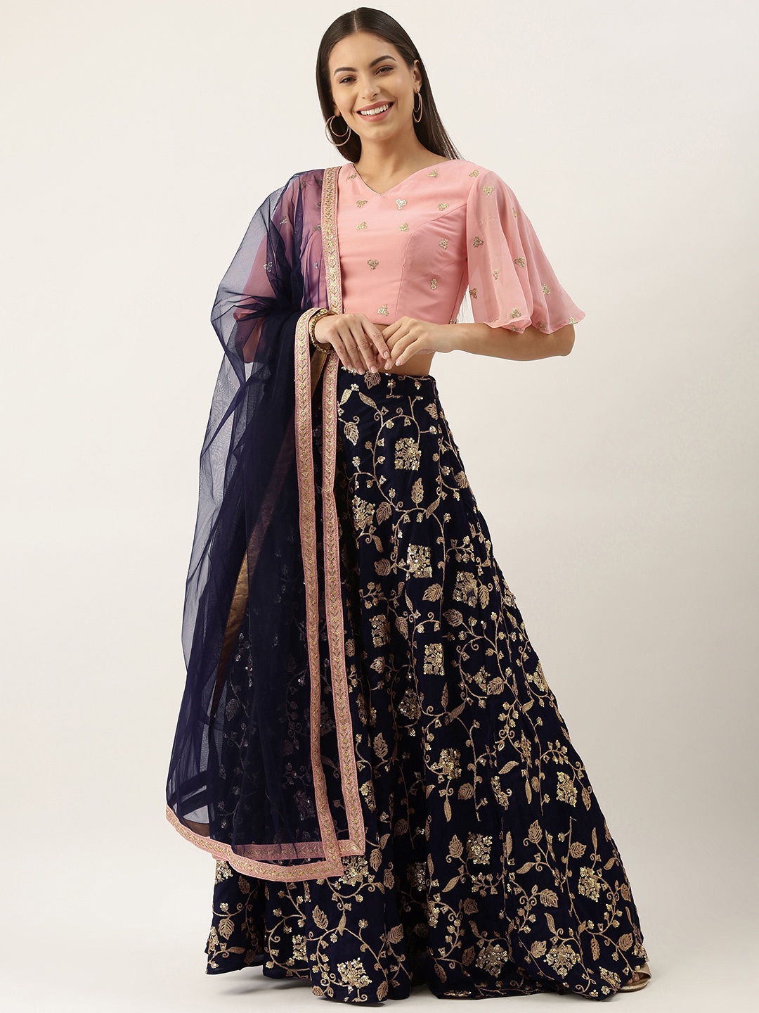 

Ethnovog Peach-Coloured Navy Blue Embellished Sequinned Made to Measure Lehenga Blouse With Dupatta