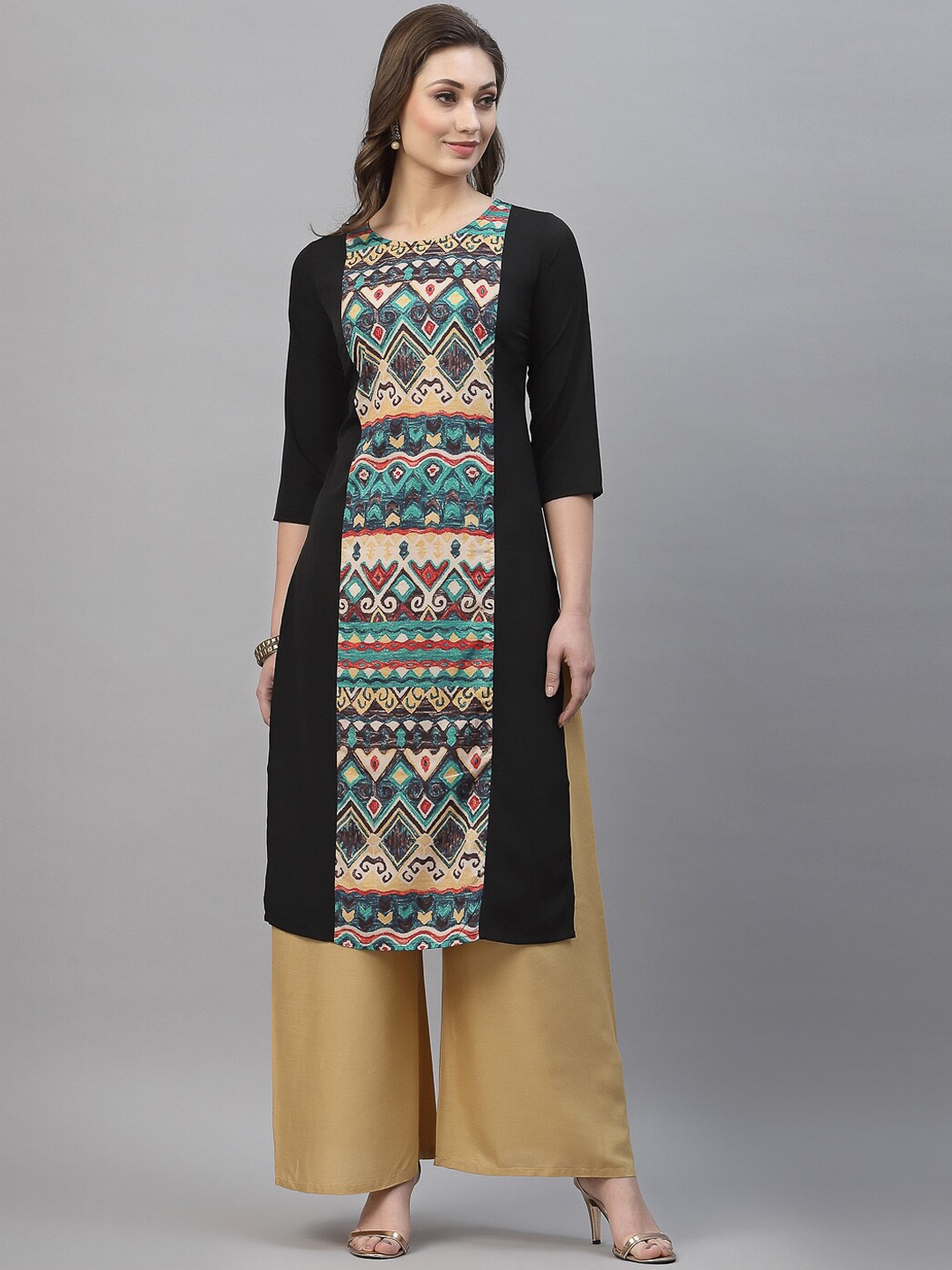 

SANISA Women Black Geometric Printed Crepe Kurta