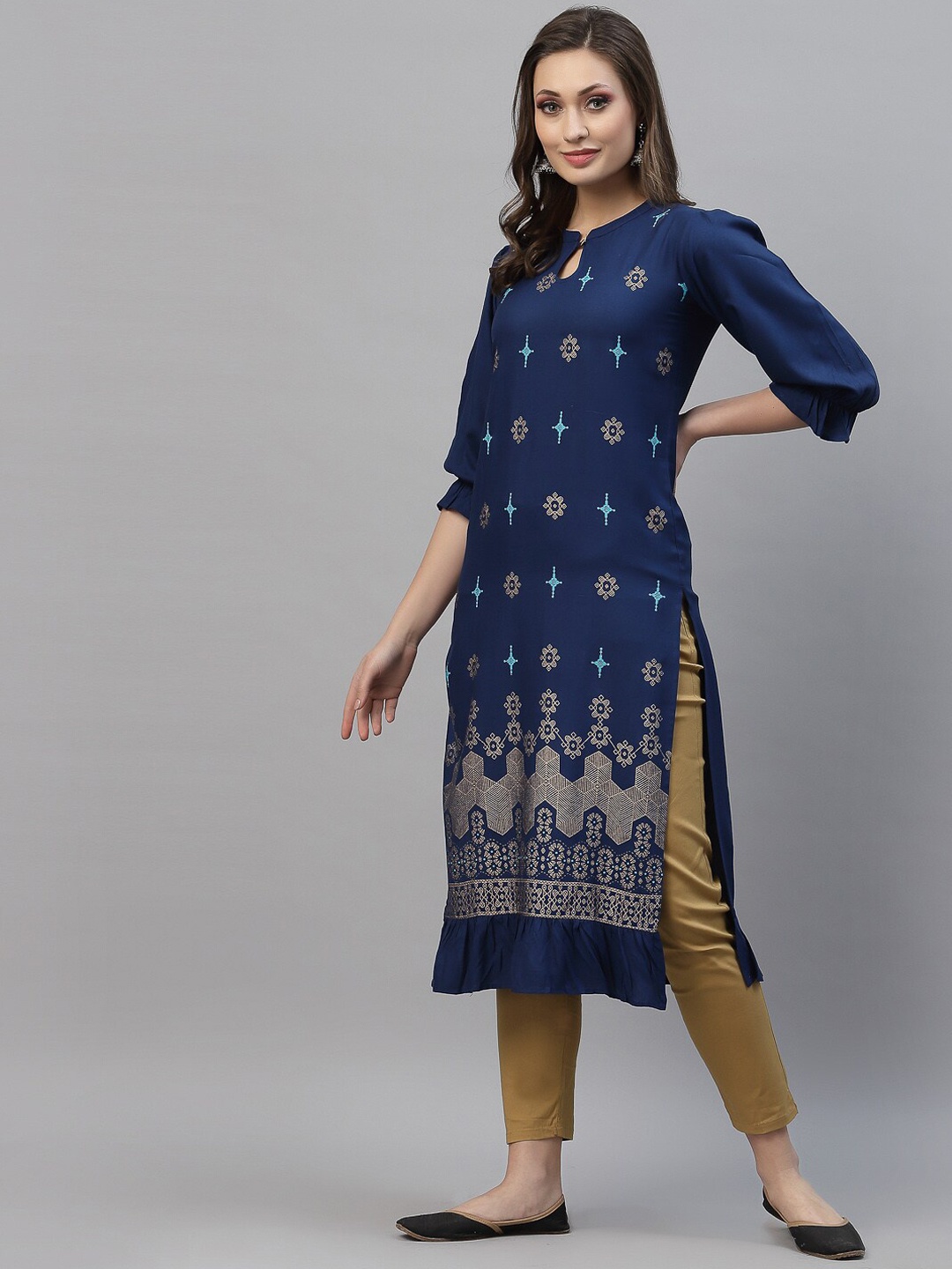 

SANISA Women Navy Blue & Golden Ethnic Motifs Printed Kurta