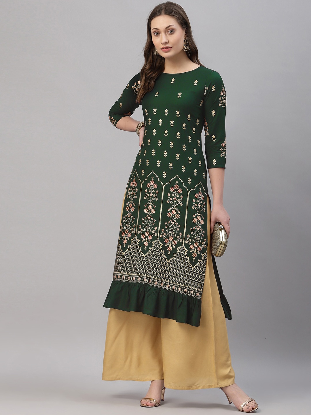 

SANISA Women Green & Gold-Toned Ethnic Motifs Printed Kurta