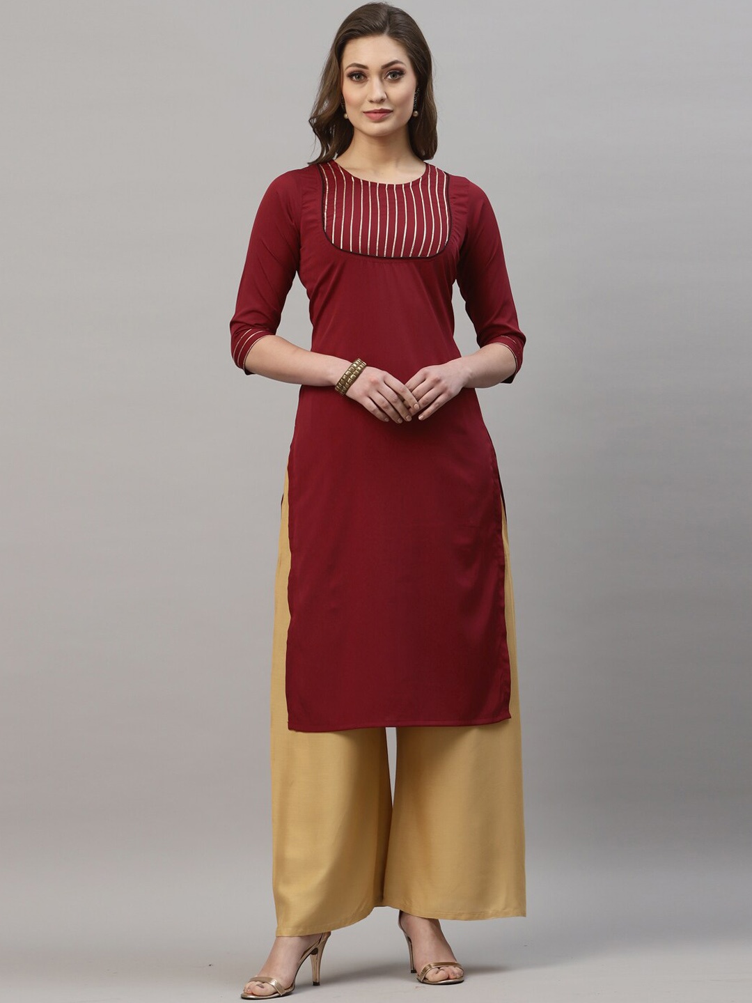 

SANISA Women Maroon Yoke Design Gotta Patti Crepe Kurta