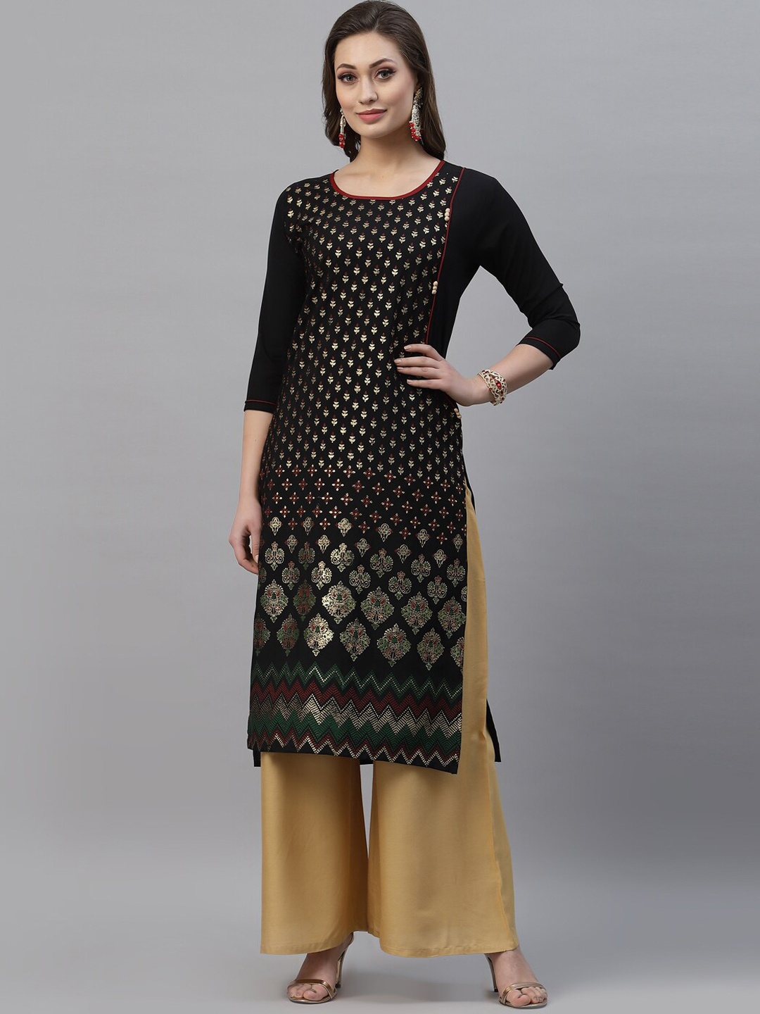 

SANISA Women Black & Gold-Toned Ethnic Motifs Printed Crepe Kurta