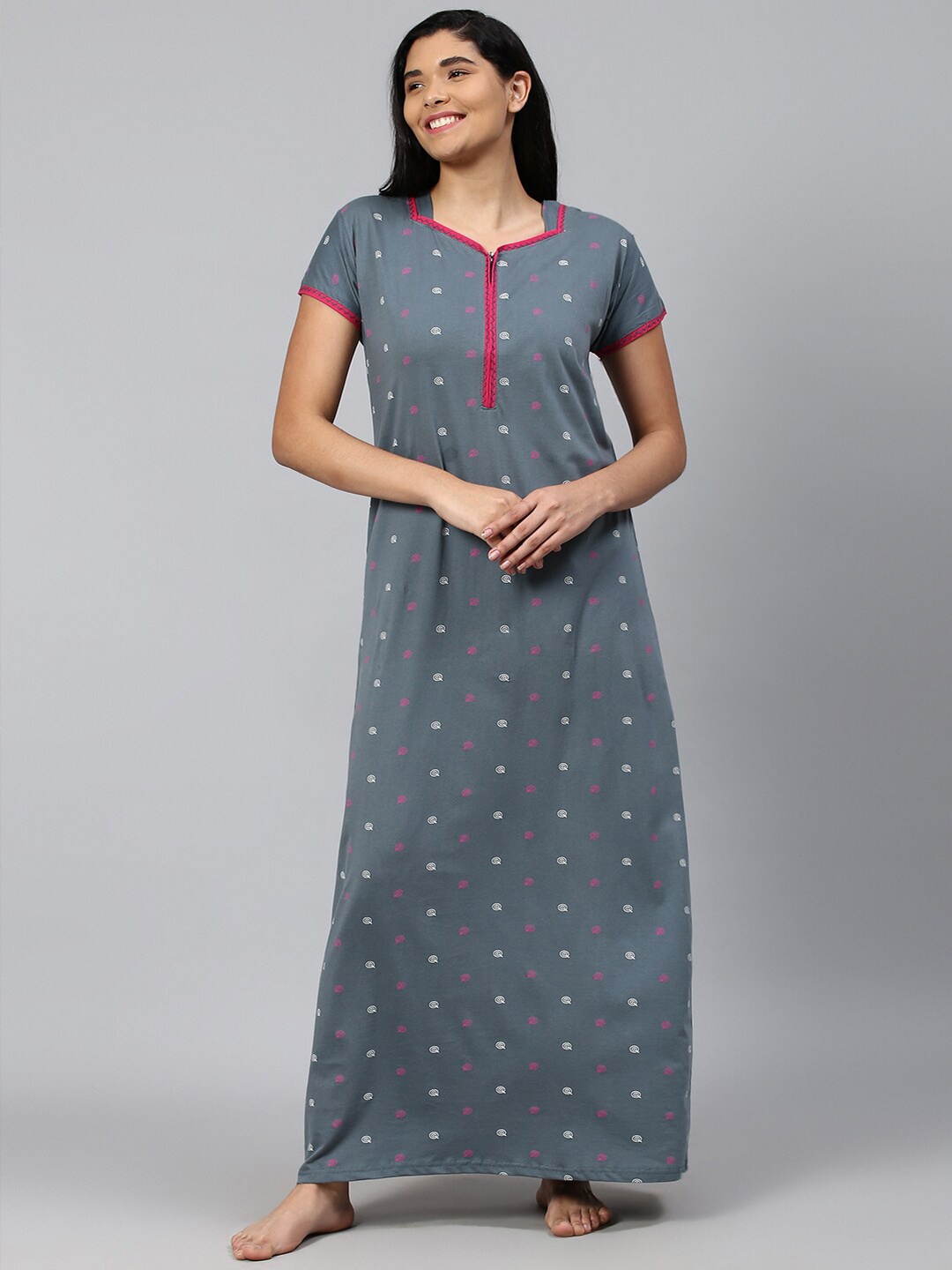 

TRUNDZ Grey Printed Cotton Maxi Nightdress
