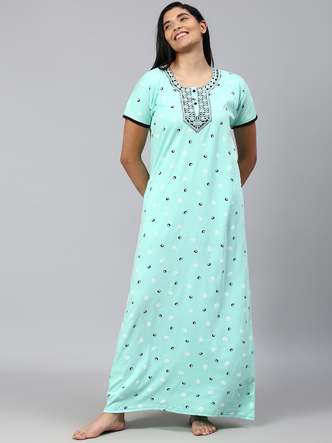 

TRUNDZ Turquoise Blue Printed Maxi Nightdress