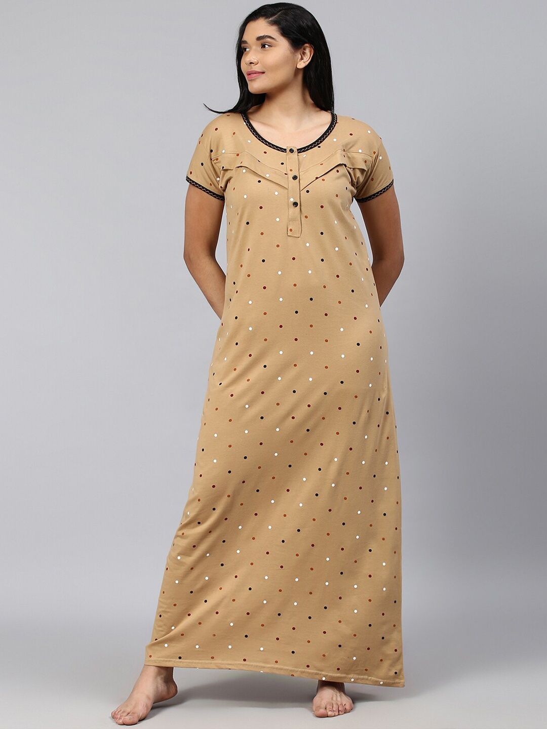 

TRUNDZ Women Khaki Printed Pure Cotton Maxi Nightdress
