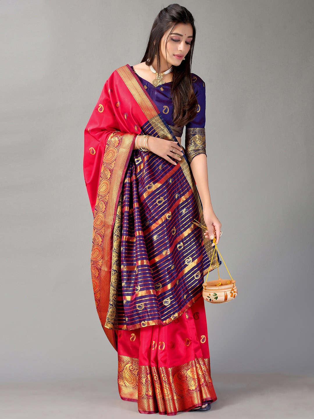 

Satrani Red & Purple Woven Design Zari Saree