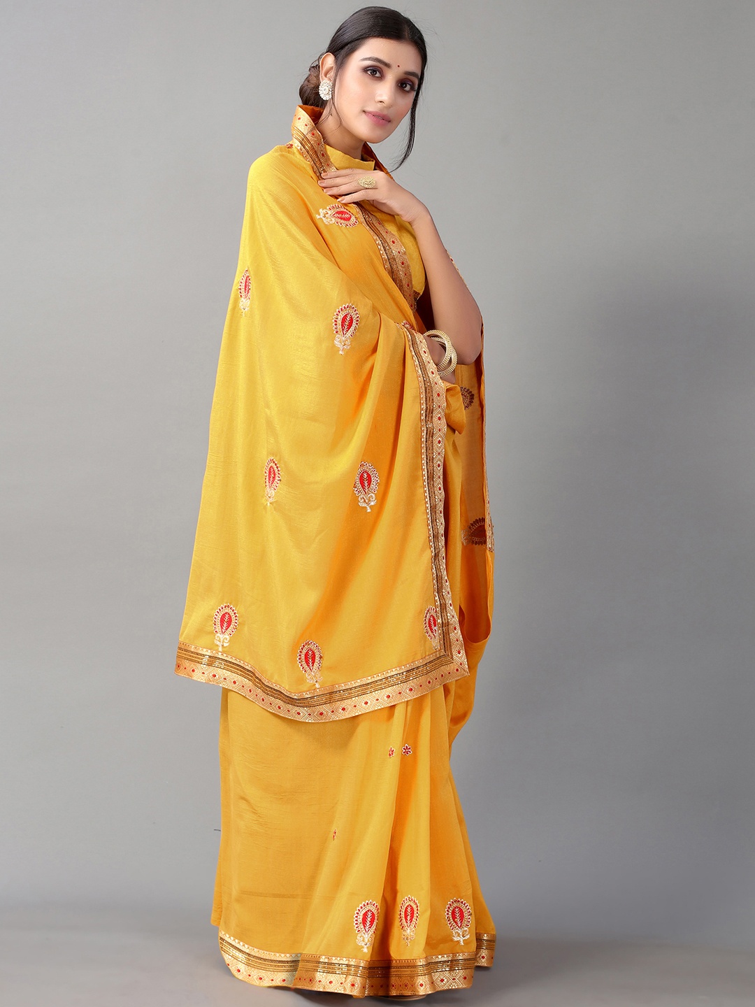 

Satrani Mustard Yellow & Gold-Toned Ethnic Motifs Embroidered Saree