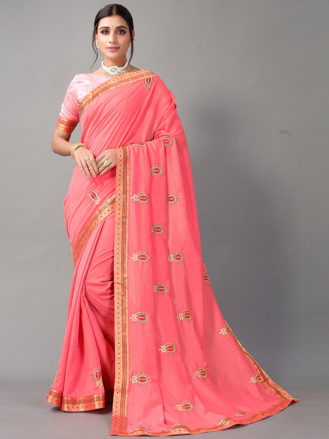 

Satrani Pink & Gold-Toned Ethnic Motifs Embroidered Saree