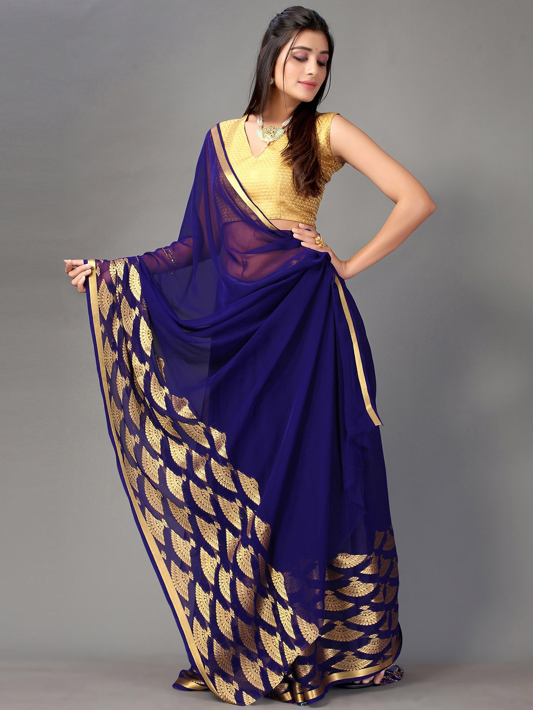 

Satrani Navy Blue & Gold-Toned Zari Saree