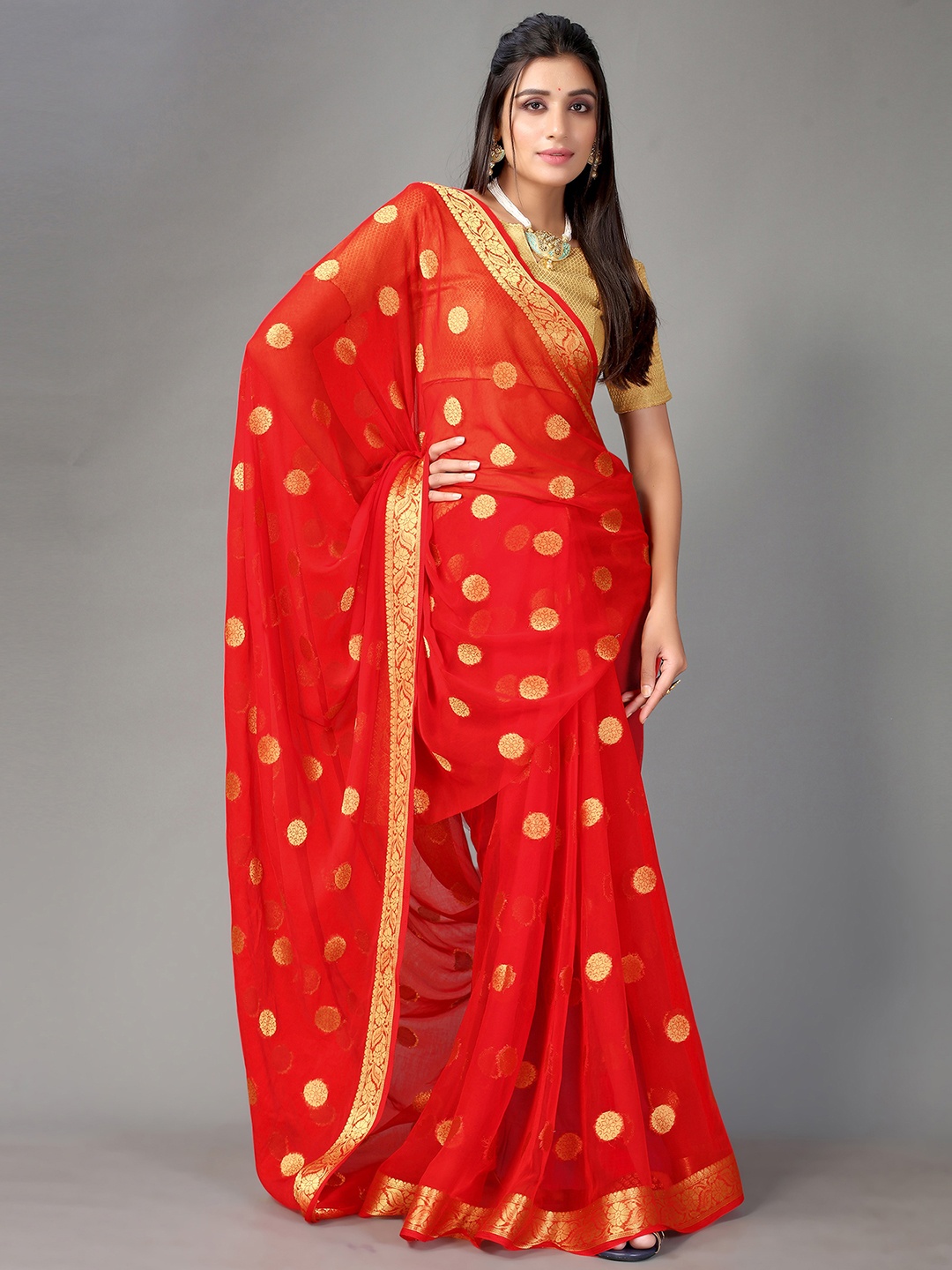 

Satrani Red & Gold-Toned Woven Design Zari Saree
