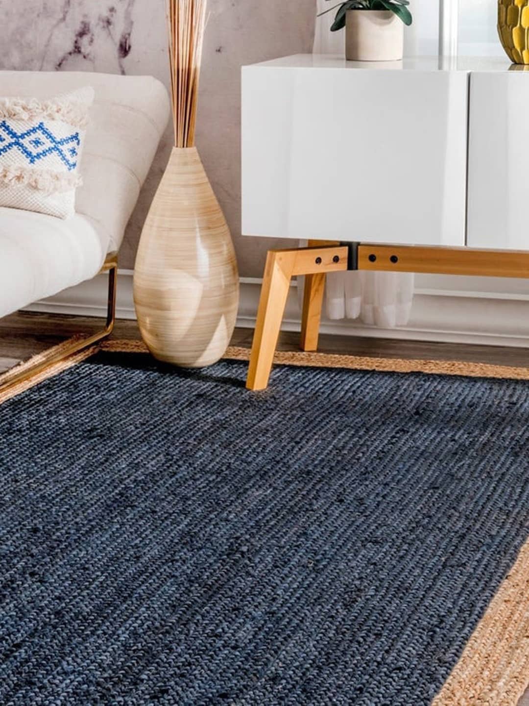 

HABERE INDIA Navy Blue & Beige Hand Woven Jute Carpet
