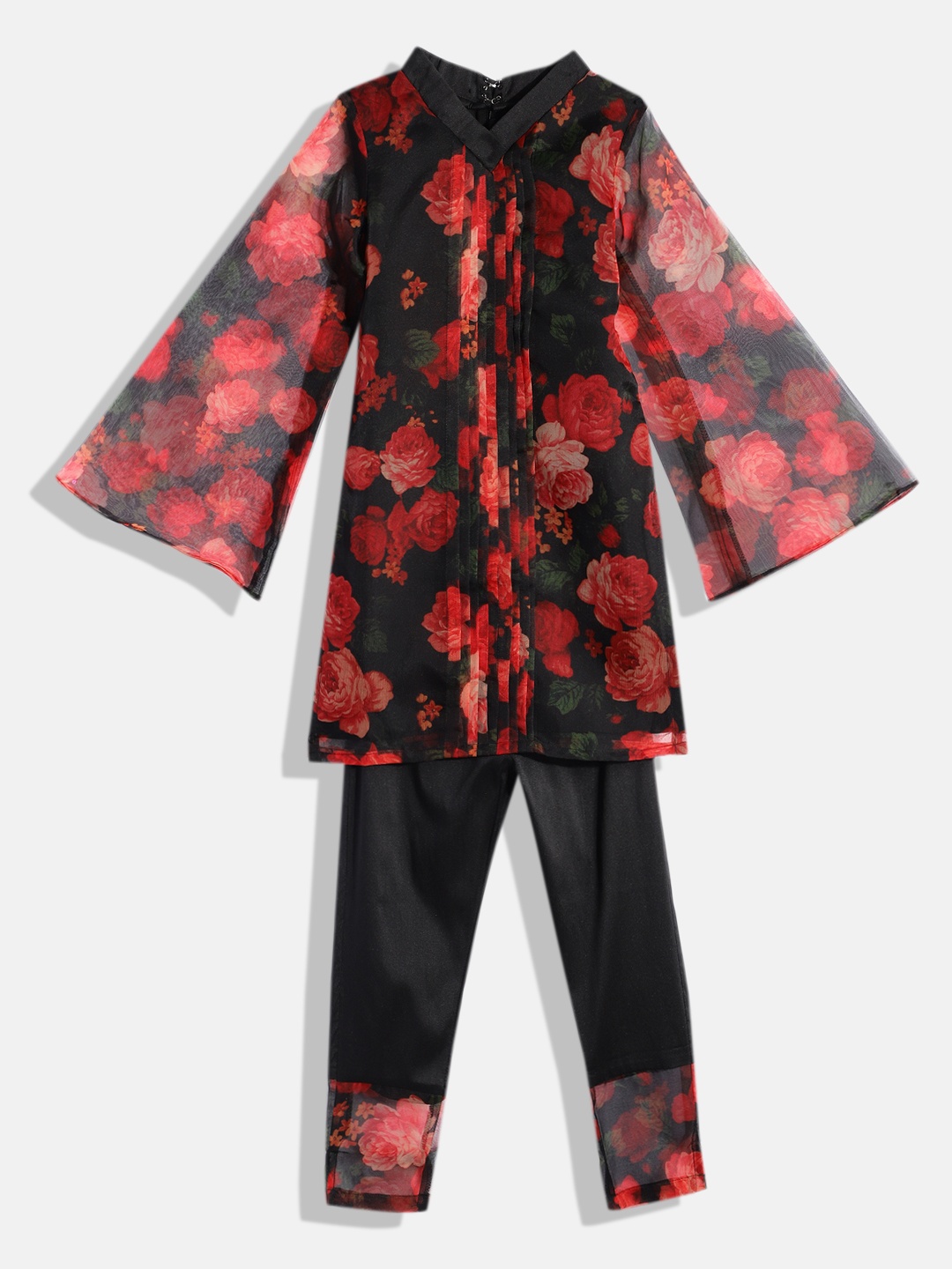 

Ethnovog Girls Black Floral Printed Kurta with Trousers