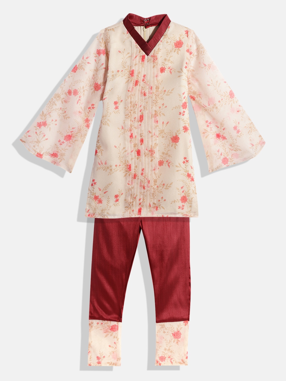 

Ethnovog Girls Beige Floral Printed Kurta with Trousers