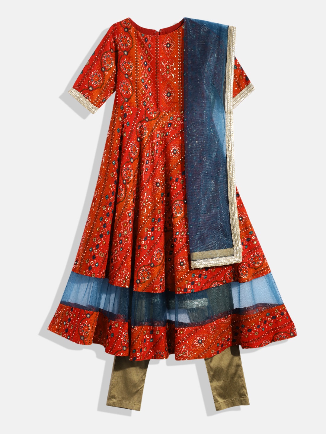 

Ethnovog Girls Red Bandhani Printed Empire Gotta Patti Kurta with Pyjamas With Dupatta