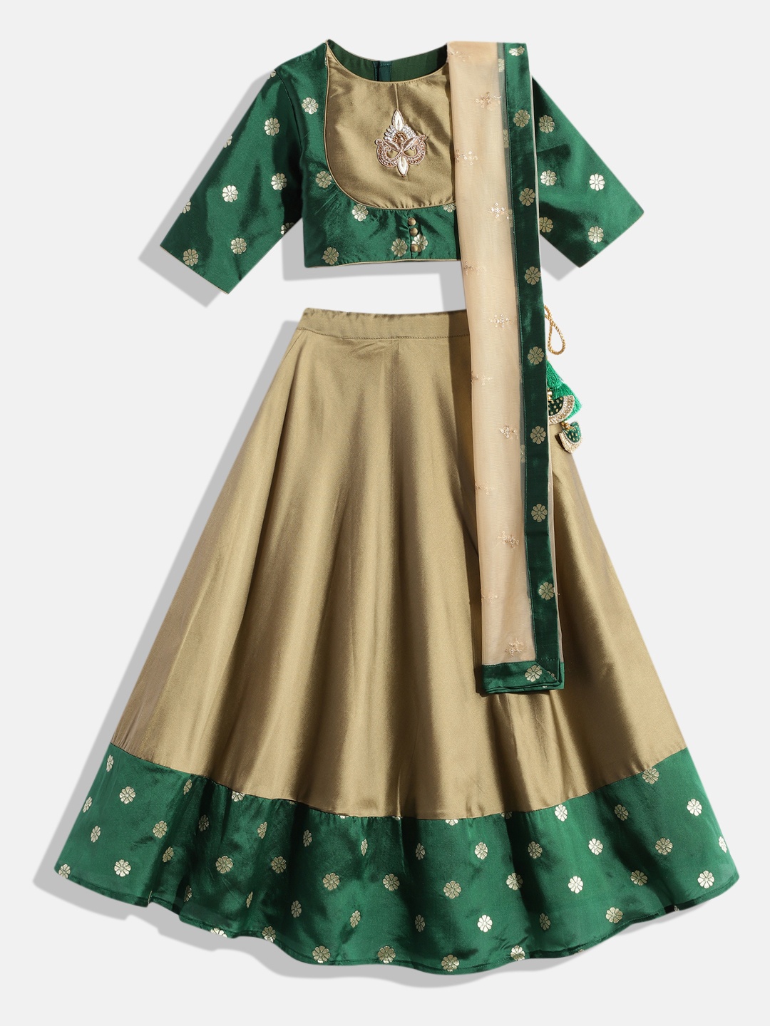 

Ethnovog Girls Green Beige Printed Beads and Stones Lehenga Blouse With Dupatta
