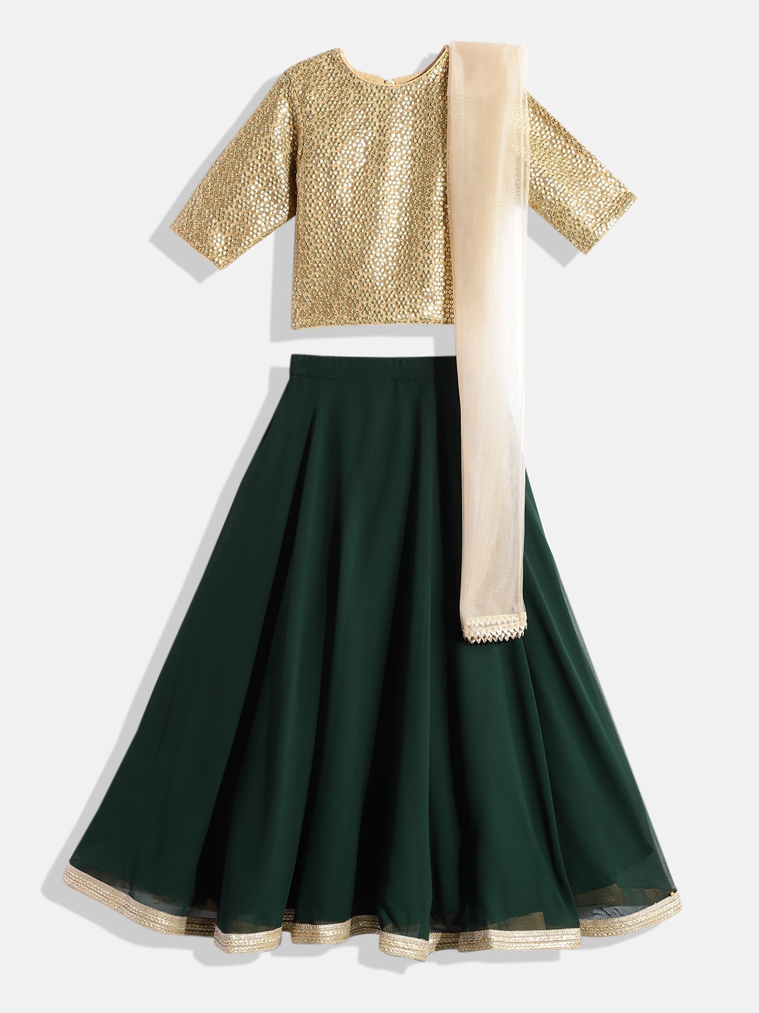 

Ethnovog Girls Beige Green Embellished Mukaish Lehenga Blouse With Dupatta