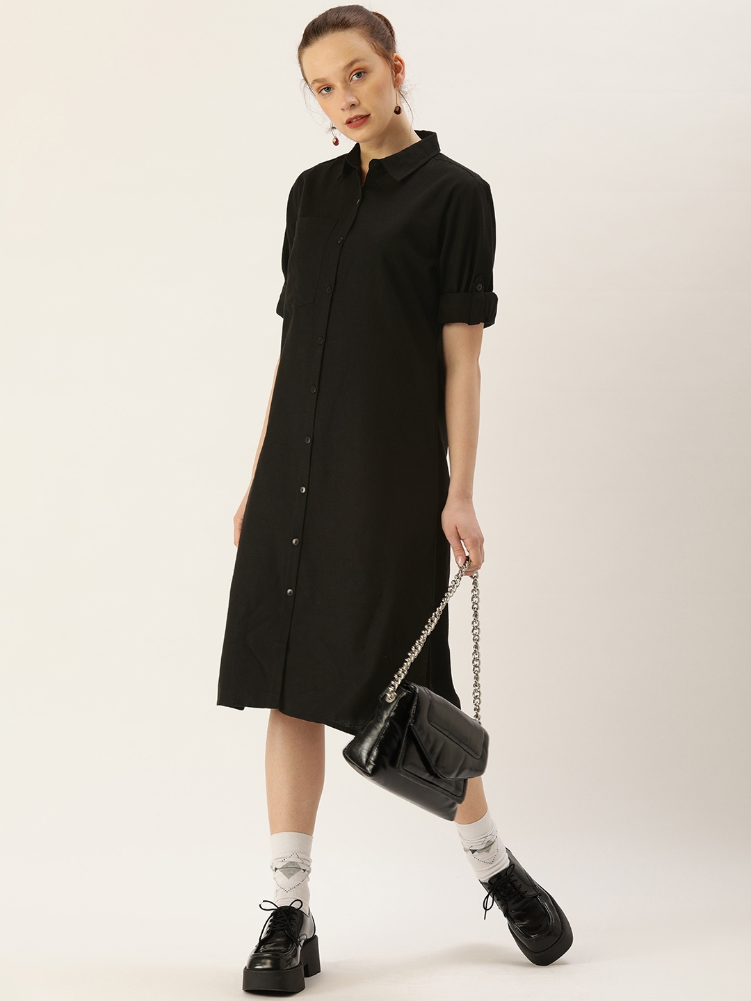 

FOREVER 21 Black Solid Pure Cotton Shirt Dress