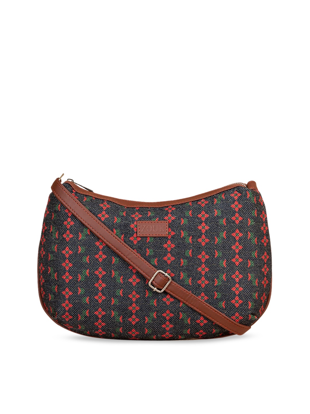 

ZOUK Black Ethnic Motifs Printed Structured Sling Bag with Cut Work