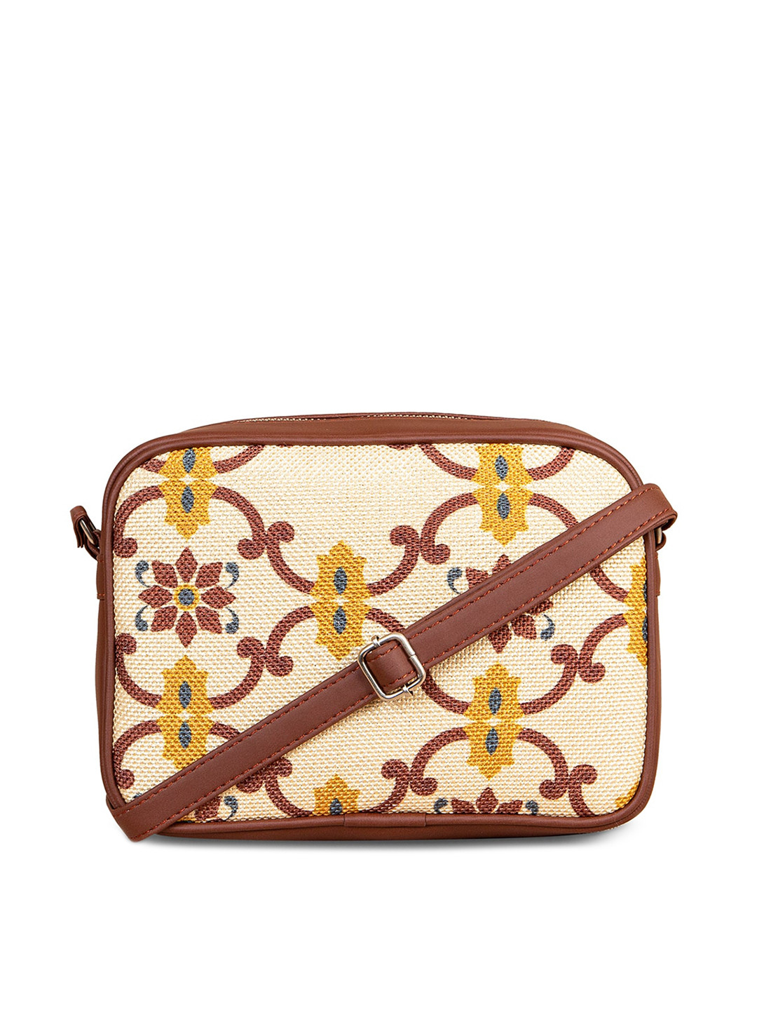 

ZOUK Yellow Floral Printed Structured Sling Bag