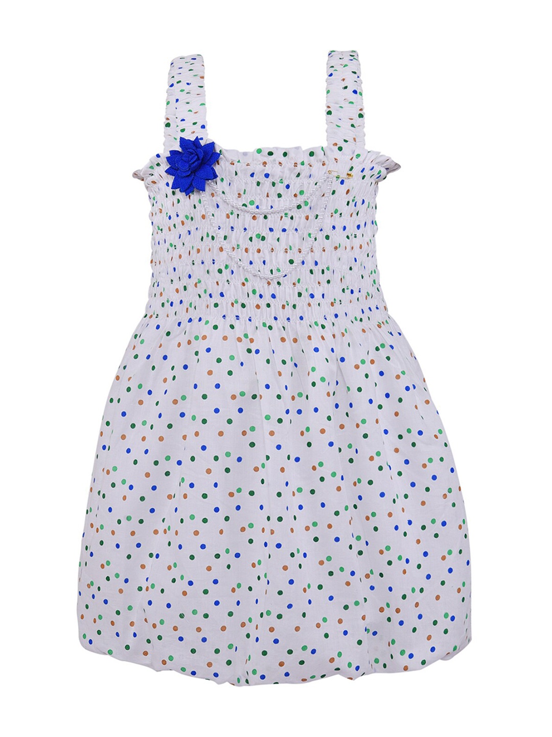 

Wish Karo Girls White & Blue Polka Dots Printed A-Line Dress