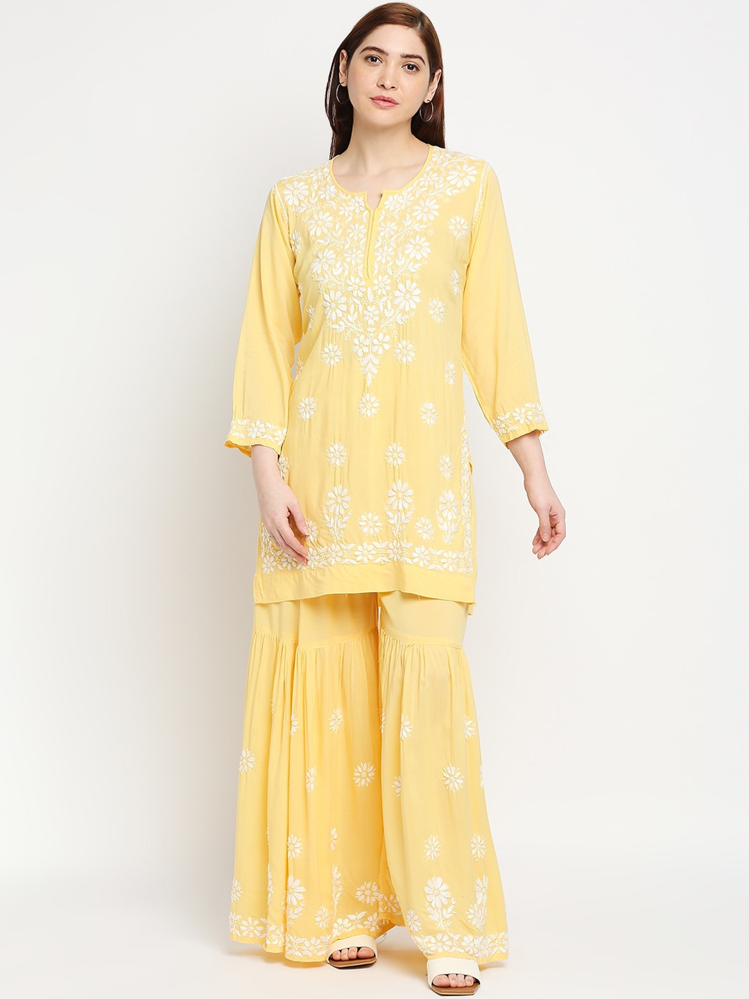 

Indiankala4u Women Yellow Chikankari Embroidered Kurti with Sharara
