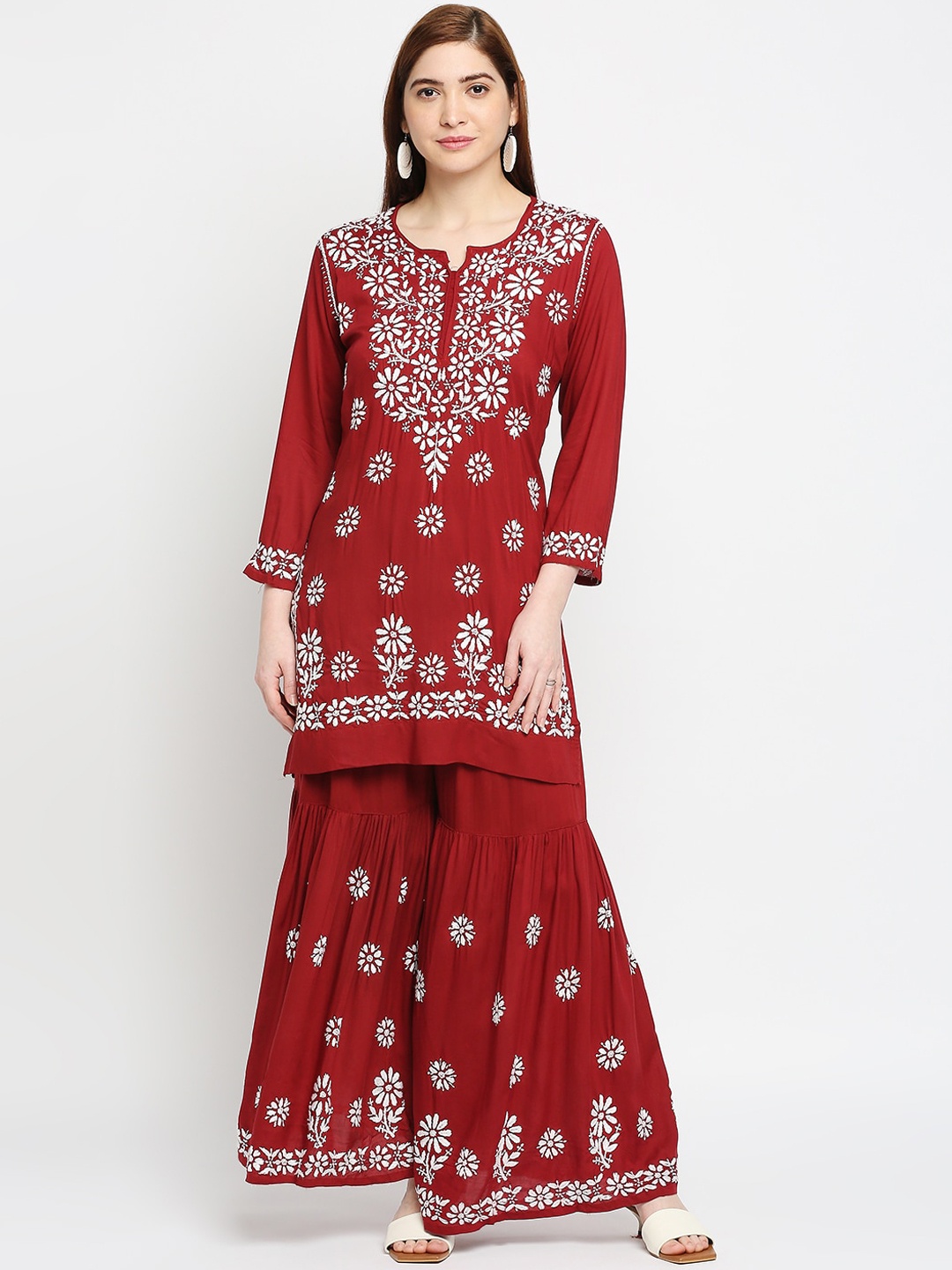 

Indiankala4u Women Maroon Floral Chikankari Kurti with Sharara