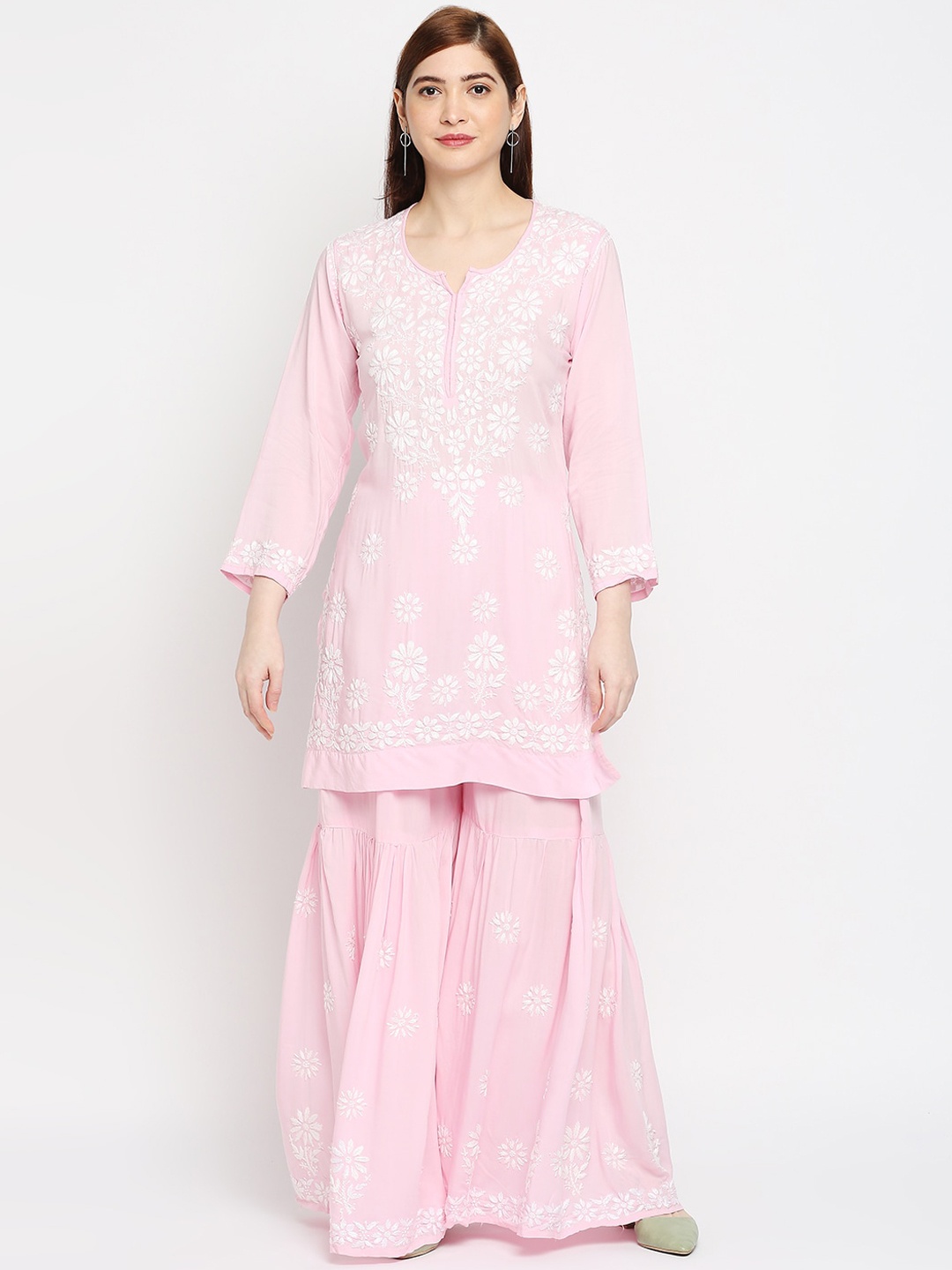 

Indiankala4u Women Pink Chikankari Embroidered Kurta with Sharara