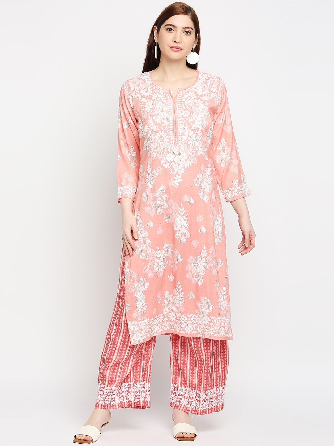 

Indiankala4u Women Dusty Pink Floral Embroidered Chikankari Kurti with Sharara, Rose