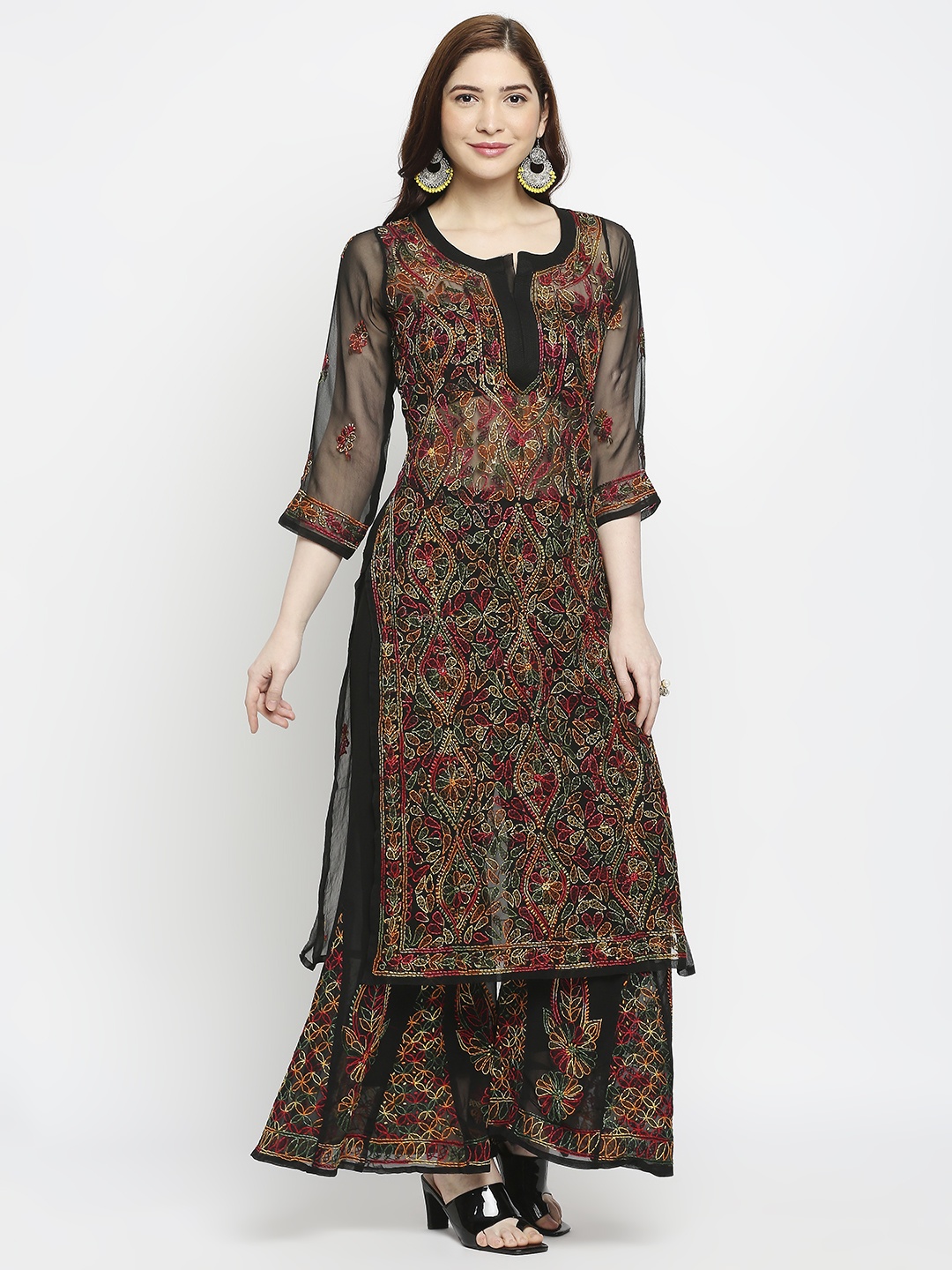 

Indiankala4u Women Black Floral Embroidered Chikankari Kurta with Sharara