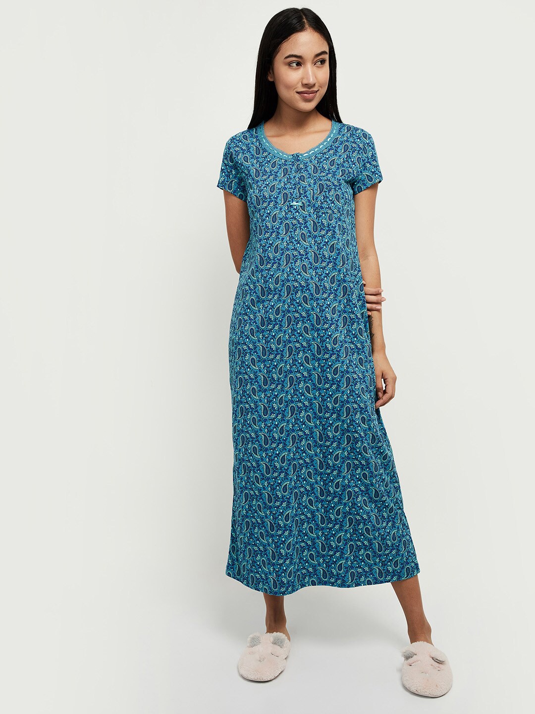 

max Women Blue Paisley Print Pure Cotton Maxi Nightdress