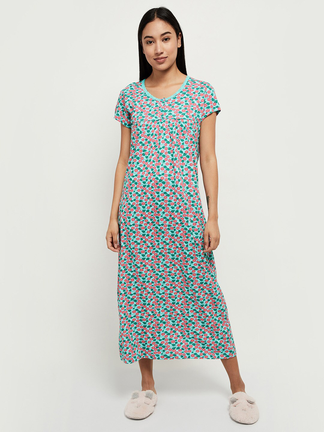 

max Women Green Print Floral Pure Cotton Maxi Nightdress