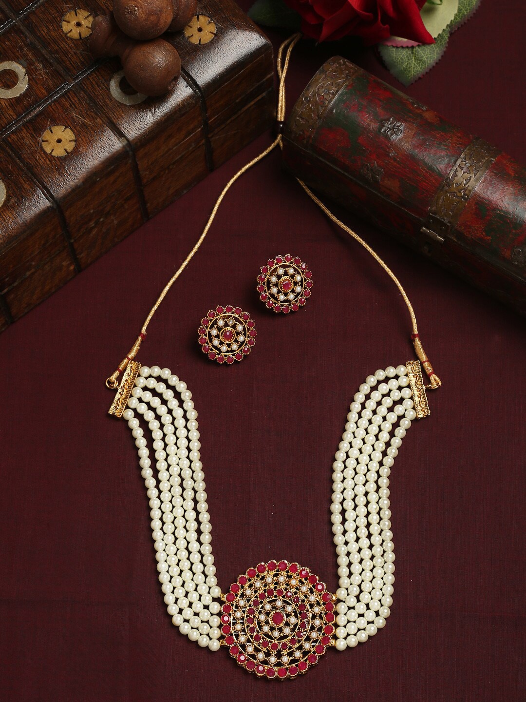 

YouBella Gold-Plated White & Red Stone-Studded & Beaded Jewellery Set