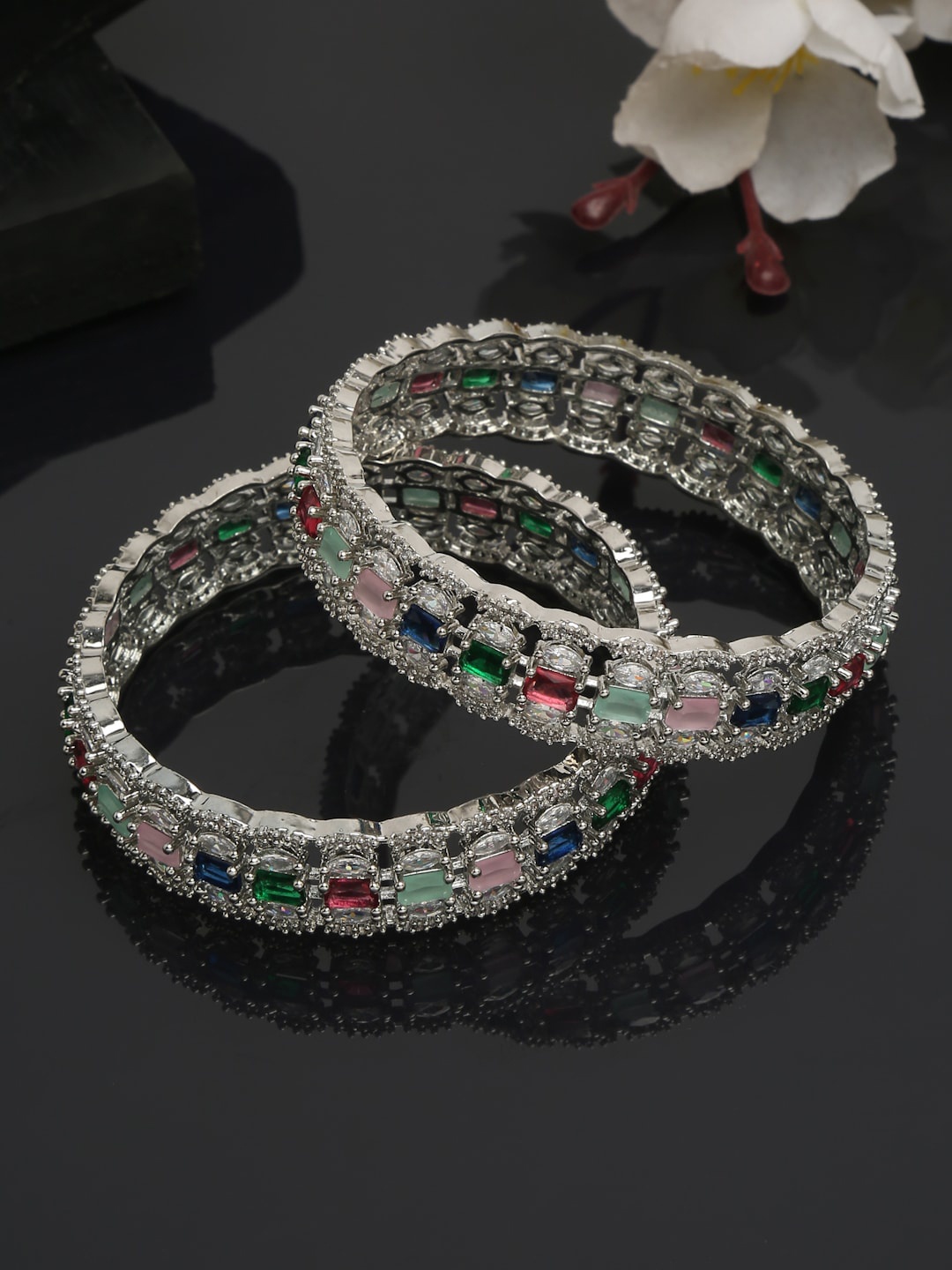 

YouBella Set of 2 Silver-Plated Pink & Green Stone Studded Bangles